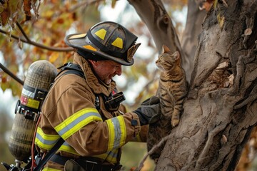 Wall Mural - a fireman holding a cat up to a tree, A firefighter is lifting a cat to safety, up a tree.