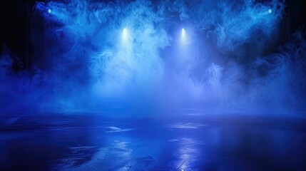 Wall Mural - abstract frozen Hockey ice rink with smoke on dark background, studio room with smoke, empty ice room on dark blue background, banner poster design,empty dark scene, neon light, spotlights