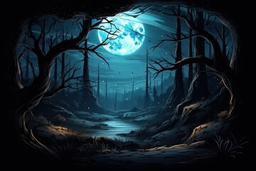 Poster - a dark forest with a full moon in the background, An ominous forest with the glowing light of a full moon in the distance.