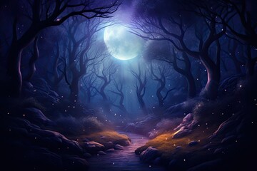 Poster - a dark forest with a full moon in the background, An ominous forest with the glowing light of a full moon in the distance.