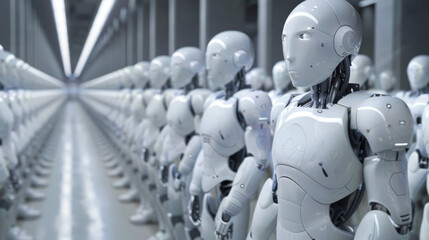 Poster - high-tech production line of advanced humanoid robots standing in a row