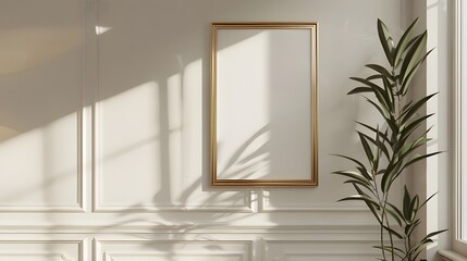 Frame mockup of a vertical gold picture frame on a wall 