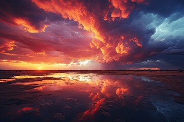 Poster - a sunset with clouds and water reflecting in the sand, An image of a sunset with clouds and water casting reflections on the sandy surface.