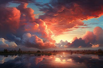 Poster - a sunset with clouds and water reflecting in the sand, An image of a sunset with clouds and water casting reflections on the sandy surface.