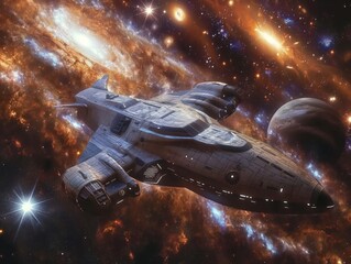 Wall Mural - A spaceship is flying through a galaxy with a large orange star in the background. The ship is surrounded by many other stars and planets