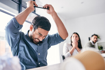 Canvas Print - Angry, stress and businessman smash tablet at office desk from anxiety, burnout and 404 software glitch. Frustrated employee destroy tech, anger management and problem or error and crazy deadline