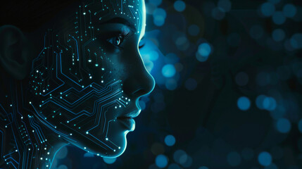Poster - Side profile of a woman with glowing digital circuitry overlay, concept of ai and technology