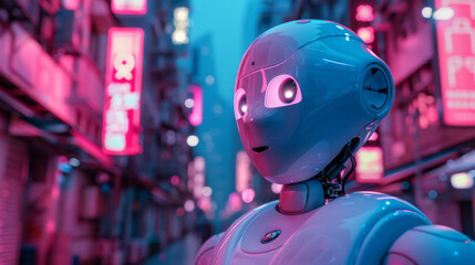 Advanced humanoid robot with expressive face against a vibrant neon-lit urban background