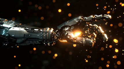 Aufkleber - Sleek robotic arm depicted in 3d with bright sparks against a dark background
