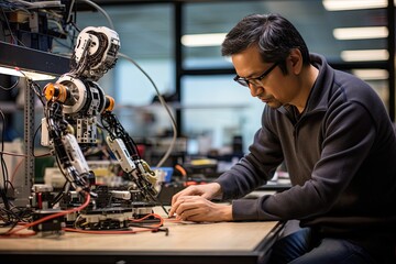 Aufkleber - a man working on a robot in a factory, A man is engaged in constructing a robot within a manufacturing facility.