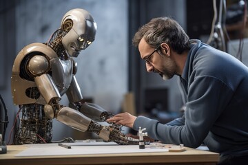 Fototapete - a man working on a robot in a factory, A man is engaged in constructing a robot within a manufacturing facility.