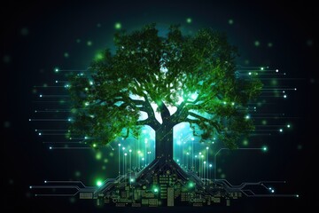 Poster - a tree with a circuit board in the background, An image of a tree with a circuit board in the background is displayed.