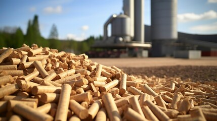 A photo of a bioenergy plant with wood pellets.