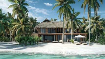 Wall Mural - beach house on a tropical island with palm trees and white sand