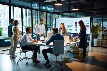 Poster - a group of people standing around a desk, A gathering of individuals gathered around a tabletop.