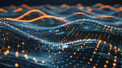 Poster - Futuristic technology: illuminated dots in dynamic 3d digital wave pattern