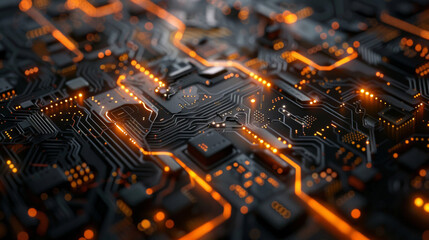Fototapete - Macro shot of a glowing electronic circuit board with intricate details