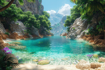 Poster - A tranquil lagoon surrounded by towering limestone cliffs, providing a serene setting for swimming and snorkeling. Concept of hidden oasis and aquatic bliss. Generative Ai.