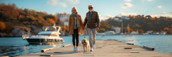 Sticker - An adult couple enjoys a leisurely walk on the pier with their dog, embracing the beauty of nature together