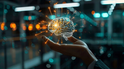 Aufkleber - Innovative and intelligent: a glowing brain hologram hovering above a hand in digital illustration