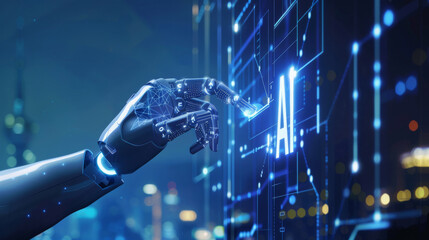 Aufkleber - Advanced robotic hand touching virtual screen with glowing data graphs in a technology concept image
