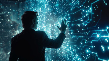 Aufkleber - Businessman touches a digital interface with glowing circuit patterns, depicting advanced technology use