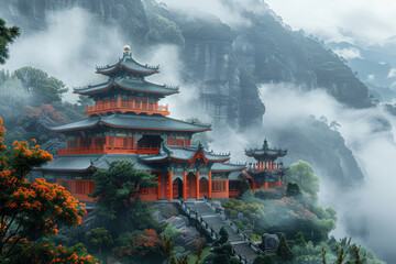 Wall Mural - A tranquil Buddhist monastery nestled in the misty mountains, offering spiritual retreats and meditation. Concept of spiritual enlightenment and inner peace. Generative Ai.