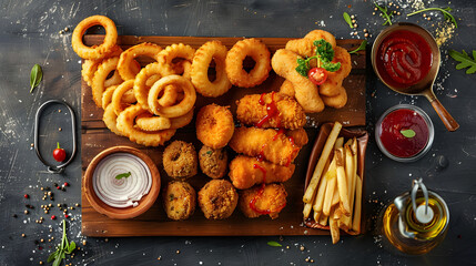 Wall Mural - fast food meals mozzarella sticks, onion rings, french fries, chicken nuggets and sauce. pub appetizers on a wooden board. banner, menu, recipe place for text, top view
