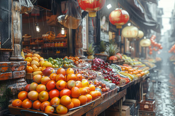 Canvas Print - A vibrant street market filled with exotic fruits, spices, and street food stalls offering tantalizing flavors. Concept of culinary exploration and gastronomic adventure. Generative Ai.