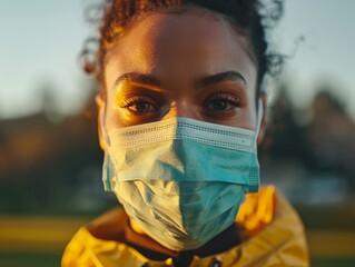 A woman wearing a yellow jacket and a blue face mask. The woman is looking at the camera with a serious expression