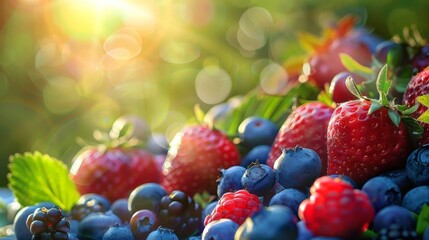 A sunlit collection of healthy berries, including strawberries, blueberries, and raspberries, basking in natural light