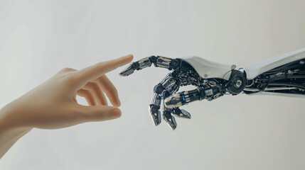 Poster - Close-up image capturing the moment a human hand gently approaches a robotic hand, symbolizing human-technology interaction and connection