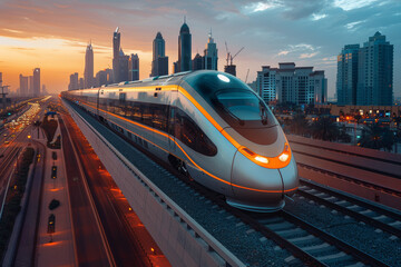 Poster - A high-speed train gliding along elevated tracks, connecting cities and regions with efficient rail travel. Concept of intercity mobility and train transportation. Generative Ai.