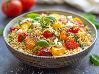 A bowl of pasta with vegetables and cheese. The vegetables are red and yellow