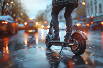 Wall Mural - A person commuting to work on a self-balancing electric scooter, zipping through city traffic with ease. Concept of personal mobility and commuter convenience. Generative Ai.