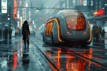 Poster - a person utilizing a ride-hailing app to request a ride from an autonomous shuttle, experiencing the