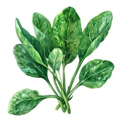 Ultra realistic watercolor style illustration of beautiful fresh tasty spinach, high detailed, close up, isolated on white