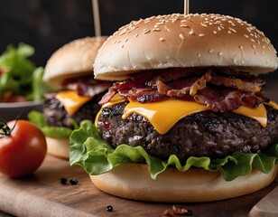 Two hamburgers with cheese, bacon, lettuce on a wooden board