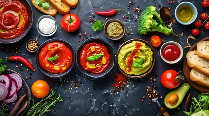 Wall Mural - A colorful, vibrant spread of fresh, healthy vegan food. Top view of an appetizing feast perfect for healthy eating inspirations. Created by AI. AI