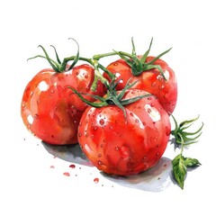 Wall Mural - Ultra realistic watercolor style illustration of juicy beautiful tasty tomatoes, high detailed, close up, isolated on white