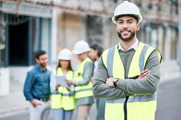 Poster - Man, outdoor and construction with smile on portrait for building project, contract or property development. Engineer, people and teamwork or collaboration on infrastructure, renovations and happy