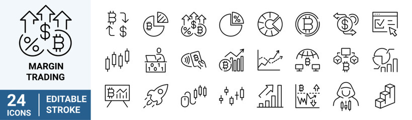 Margin trading line web icons. Money Movement. Cryptocurrency economy.Bitcoin. Editable stroke.