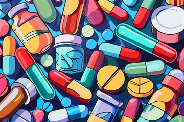 cartoon drawing of an array of liquid medications and droppers, top view in flat design, pharmaceuti