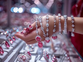 Wall Mural - A woman is holding a bunch of jewelry in her hand, including a pink diamond ring. The display case is filled with various pieces of jewelry, including necklaces, bracelets, and earrings