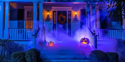 front porch halloween decor dark smoke, jack o lantern