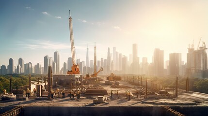 A photo of a construction site with a city skyline