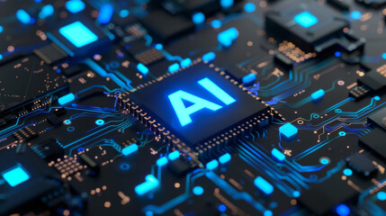 Poster - Computer chip close-up featuring glowing circuits and ai inscription, symbolizing artificial intelligence