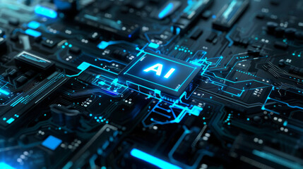 Wall Mural - Illuminated ai chip in detailed close-up on a complex motherboard, representing advanced technology