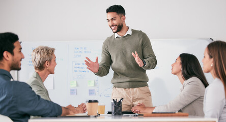 Poster - Happy, presenter and business people in meeting, seminar or conference for team planning and ideas. Smile, corporate group and speaker with company vision for teamwork, collaboration and sales pitch