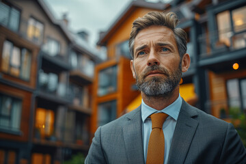 Poster - real estate agent with a stack of unsold properties, representing the stagnation of the housing mark